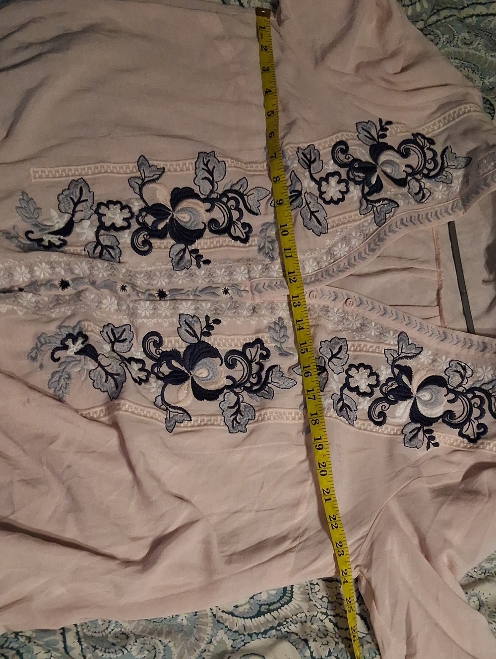 Light Pink Embroidered V-Neck Tunic Top with Navy Floral Detail - Picture 3 of 8